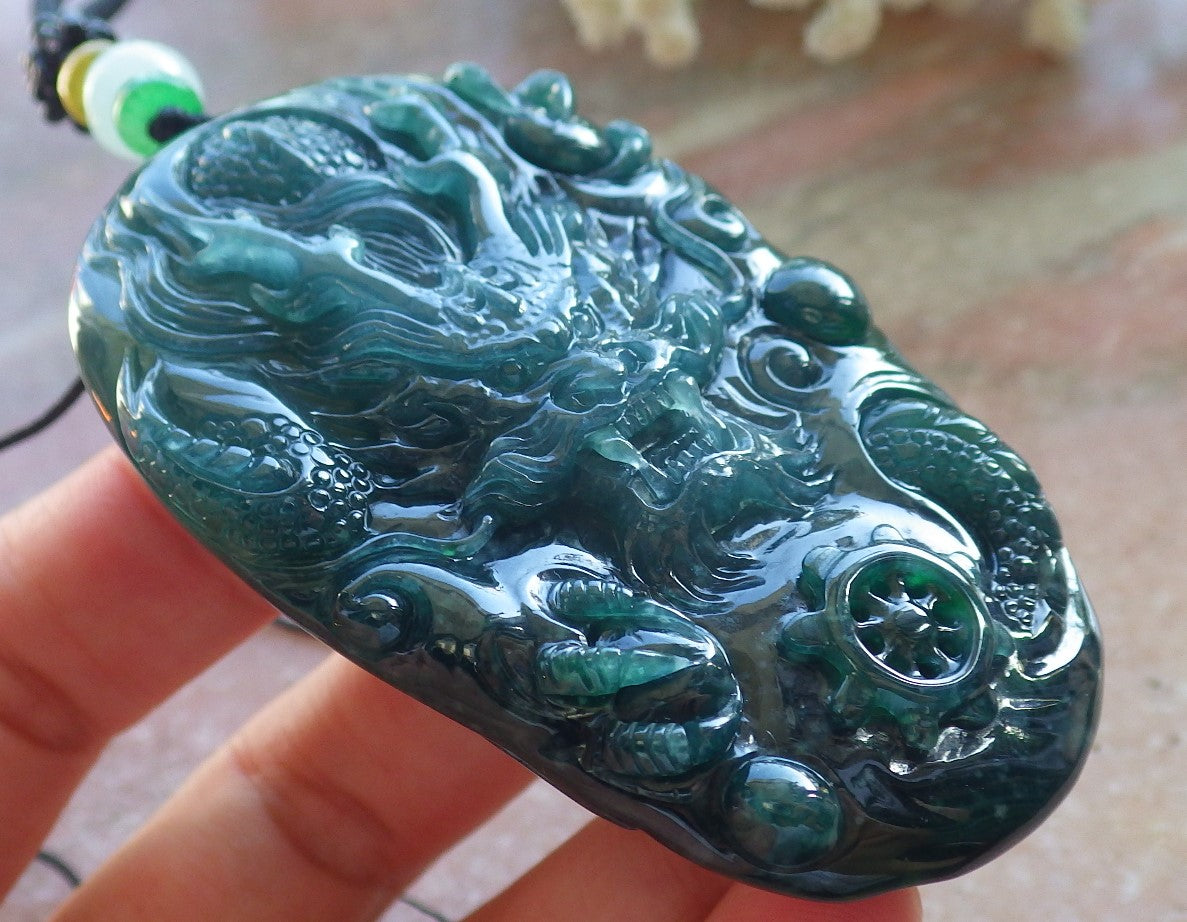Certified Icy Blue Water Green Burma 100% Natural A Jade jadeite Pendant Dragon Bead Necklace 生意兴隆 640088  TN