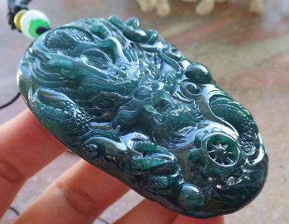 Certified Icy Blue Water Green Burma 100% Natural A Jade jadeite Pendant Dragon Bead Necklace 生意兴隆 640088  TN