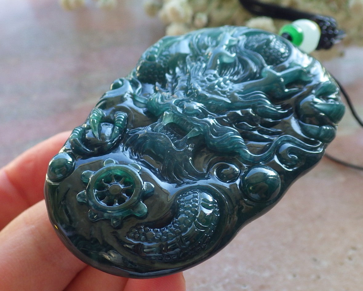 Certified Icy Blue Water Green Burma 100% Natural A Jade jadeite Pendant Dragon Bead Necklace 生意兴隆 640088  TN