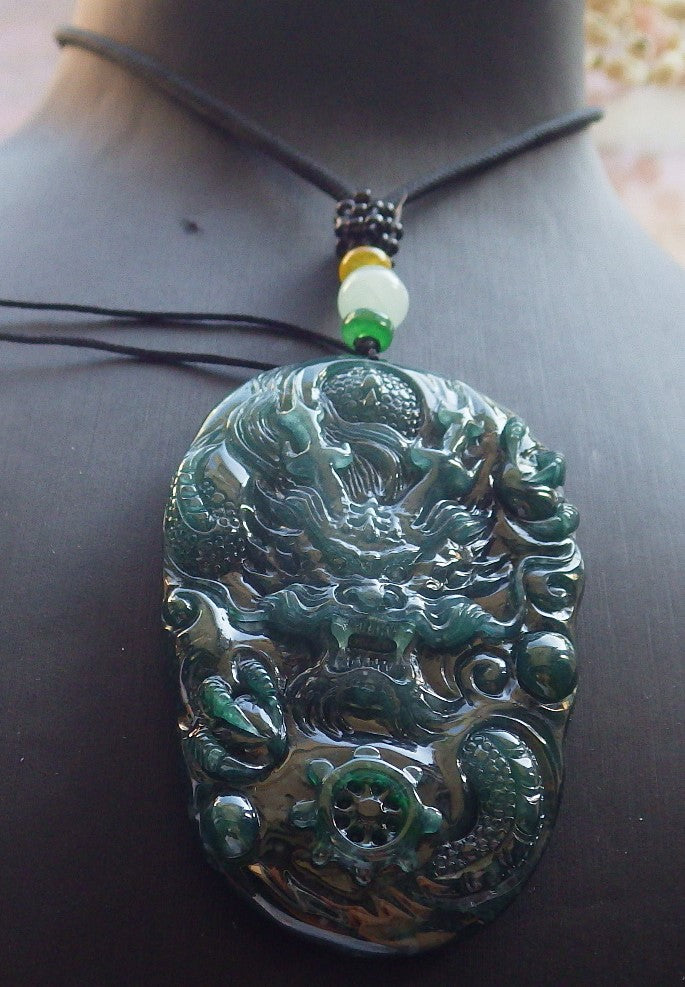 Certified Icy Blue Water Green Burma 100% Natural A Jade jadeite Pendant Dragon Bead Necklace 生意兴隆 640088  TN