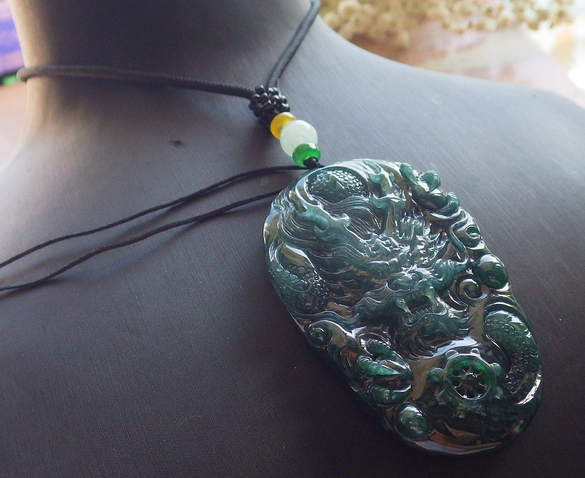 Certified Icy Blue Water Green Burma 100% Natural A Jade jadeite Pendant Dragon Bead Necklace 生意兴隆 640088  TN