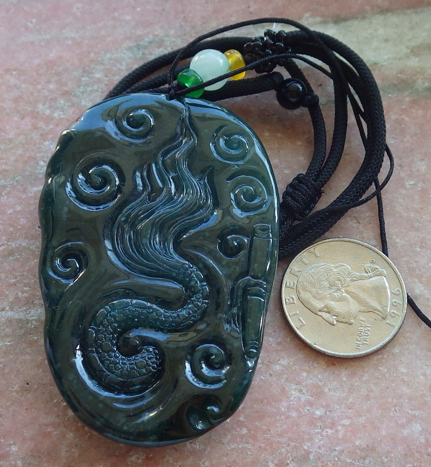 Certified Icy Blue Water Green Burma 100% Natural A Jade jadeite Pendant Dragon Bead Necklace 生意兴隆 640088  TN