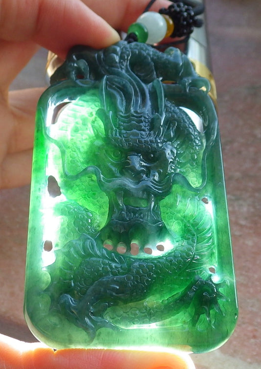 Certified Icy Green Burma 100% Natural A Jade jadeite Pendant Dragon Money Coin Necklace 生意兴隆 640116  TN