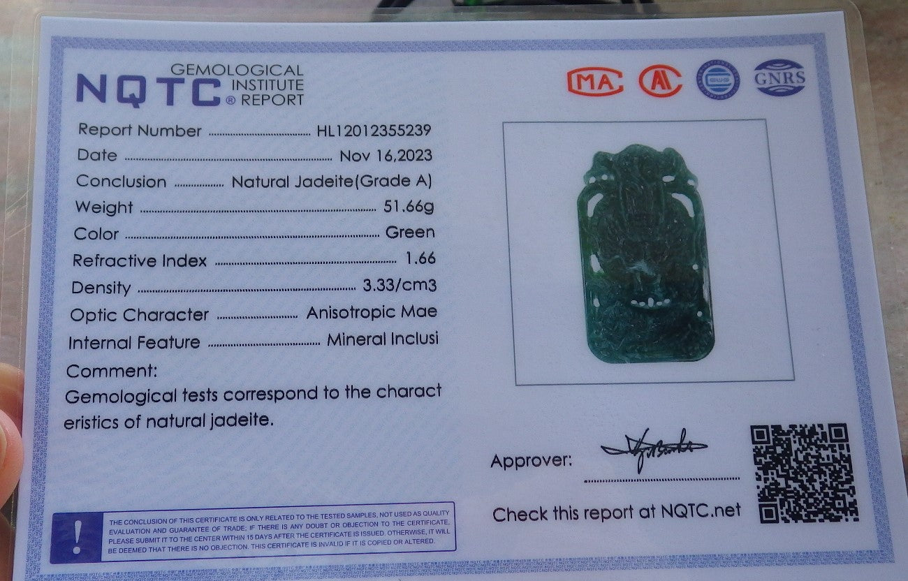 Certified Icy Green Burma 100% Natural A Jade jadeite Pendant Dragon Money Coin Necklace 生意兴隆 640116  TN