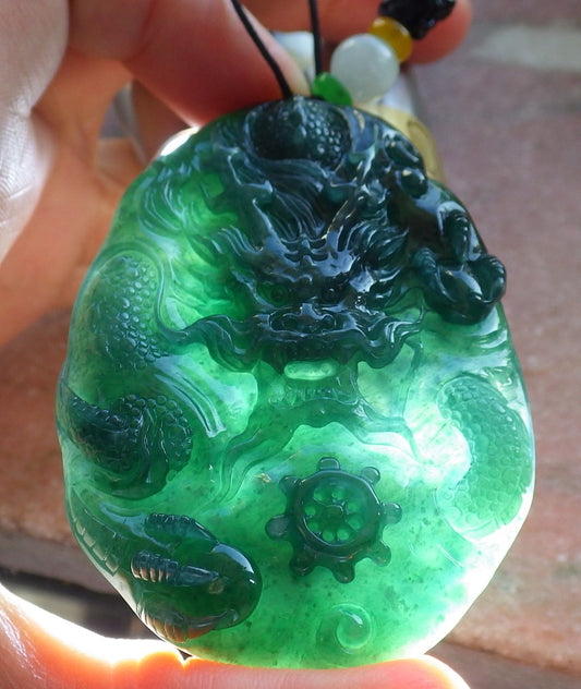 Certified Icy Blue Water Green Burma 100% Natural A Jade jadeite Pendant Dragon Bead Necklace 生意兴隆 640147  TN