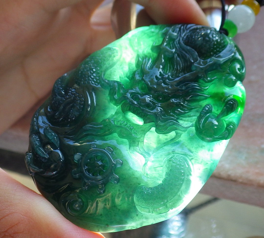 Certified Icy Blue Water Green Burma 100% Natural A Jade jadeite Pendant Dragon Bead Necklace 生意兴隆 640147  TN