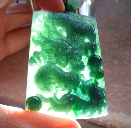 Certified Icy Green Burma 100% Natural A Jade jadeite Pendant Dragon Bead Necklace 生意兴隆 640196  TN