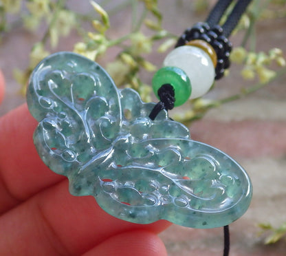 Certified Icy Green Burma 100% Natural A Jade jadeite Pendant Butterfly Neckace 蝴蝶 640206  TN