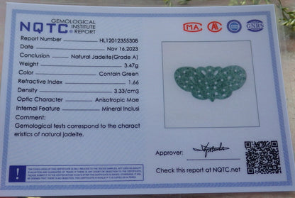 Certified Icy Green Burma 100% Natural A Jade jadeite Pendant Butterfly Neckace 蝴蝶 640206  TN