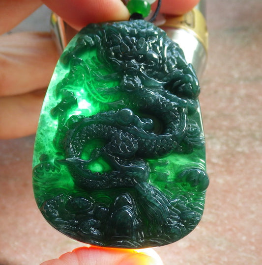 Certified Icy Green Burma 100% Natural A Jade jadeite pendant Dragon Necklace 龙腾四海 640215  TN