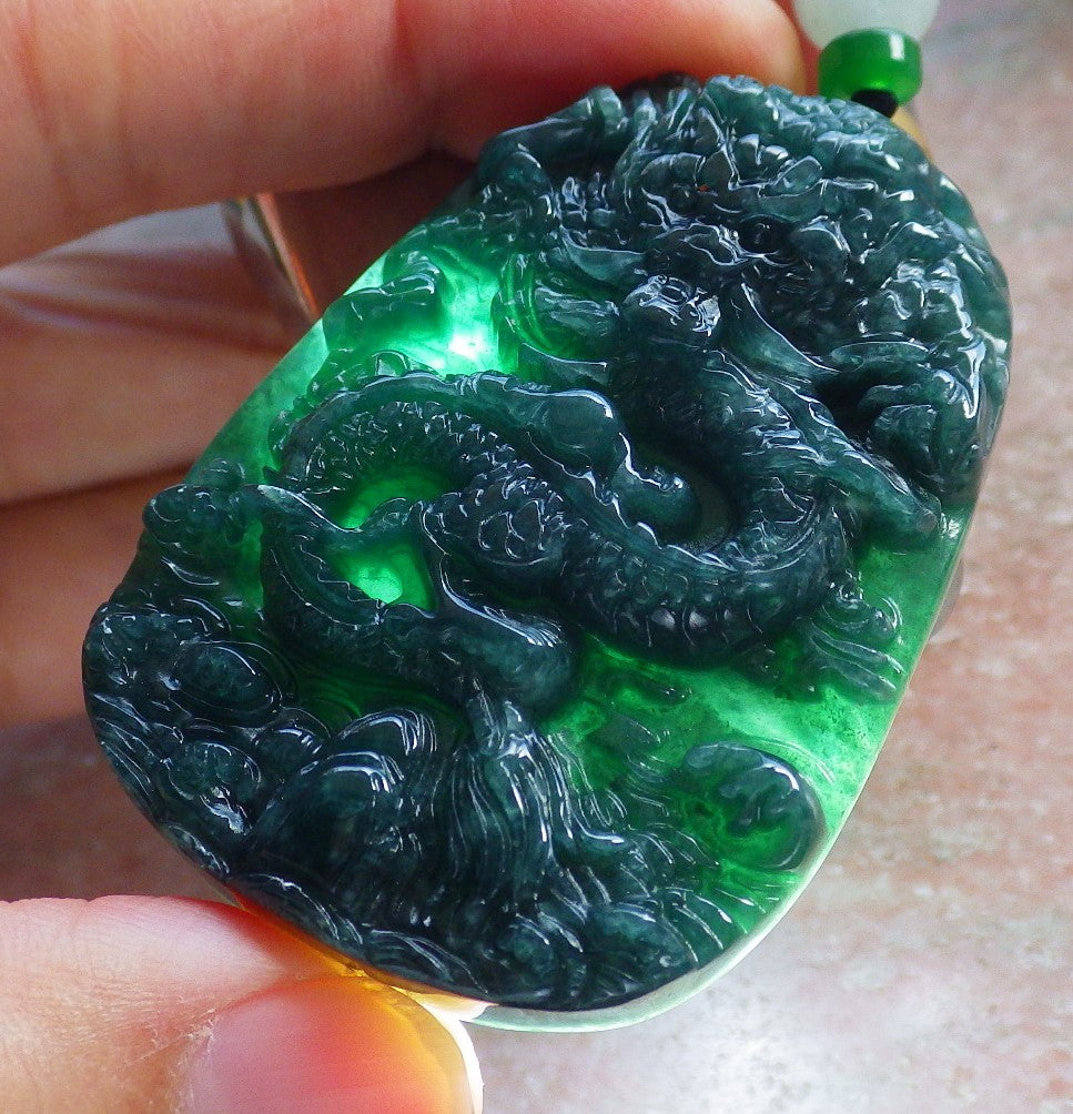 Certified Icy Green Burma 100% Natural A Jade jadeite pendant Dragon Necklace 龙腾四海 640215  TN