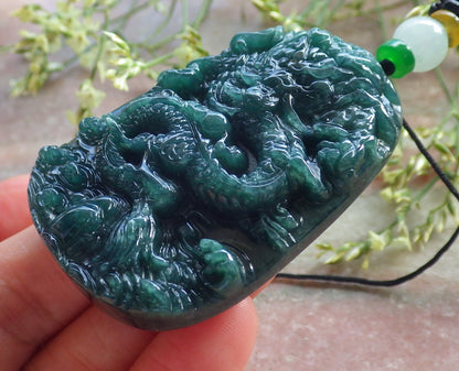 Certified Icy Green Burma 100% Natural A Jade jadeite pendant Dragon Necklace 龙腾四海 640215  TN