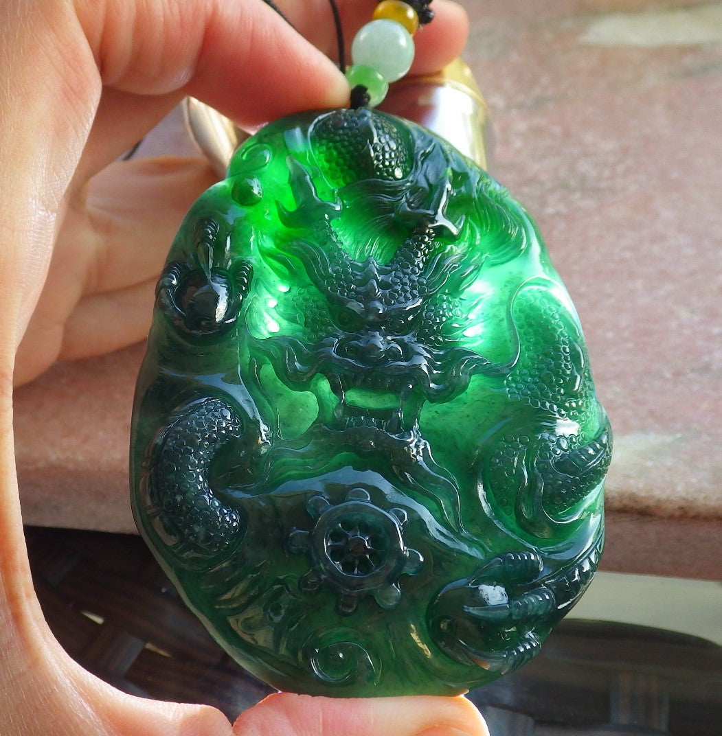 Certified Icy Blue Water Green Burma 100% Natural A Jade jadeite Pendant Dragon Bead Necklace 生意兴隆 640234  TN