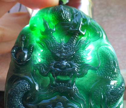 Certified Icy Blue Water Green Burma 100% Natural A Jade jadeite Pendant Dragon Bead Necklace 生意兴隆 640234  TN