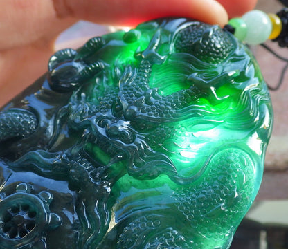 Certified Icy Blue Water Green Burma 100% Natural A Jade jadeite Pendant Dragon Bead Necklace 生意兴隆 640234  TN
