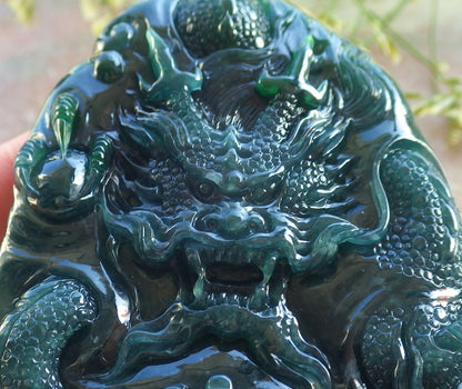 Certified Icy Blue Water Green Burma 100% Natural A Jade jadeite Pendant Dragon Bead Necklace 生意兴隆 640234  TN