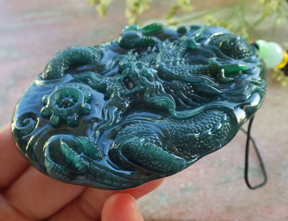 Certified Icy Blue Water Green Burma 100% Natural A Jade jadeite Pendant Dragon Bead Necklace 生意兴隆 640234  TN