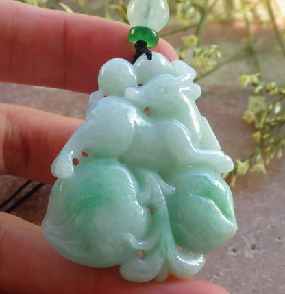 Certified Green Burma 100% Natural A Jade jadeite Pendant Deer Peach Necklace 梅花鹿 640262  TN