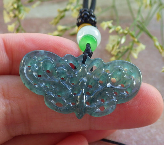 Certified Icy Green Burma 100% Natural A Jade jadeite Pendant Butterfly Neckace 蝴蝶 640277  TN