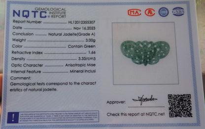 Certified Icy Green Burma 100% Natural A Jade jadeite Pendant Butterfly Neckace 蝴蝶 640277  TN