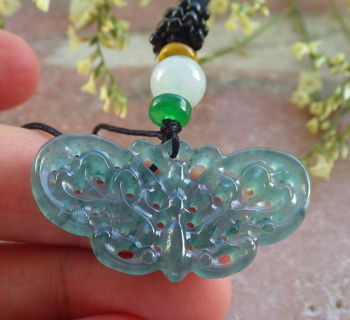 Certified Icy Green Burma 100% Natural A Jade jadeite Pendant Butterfly Neckace 蝴蝶 640284  TN