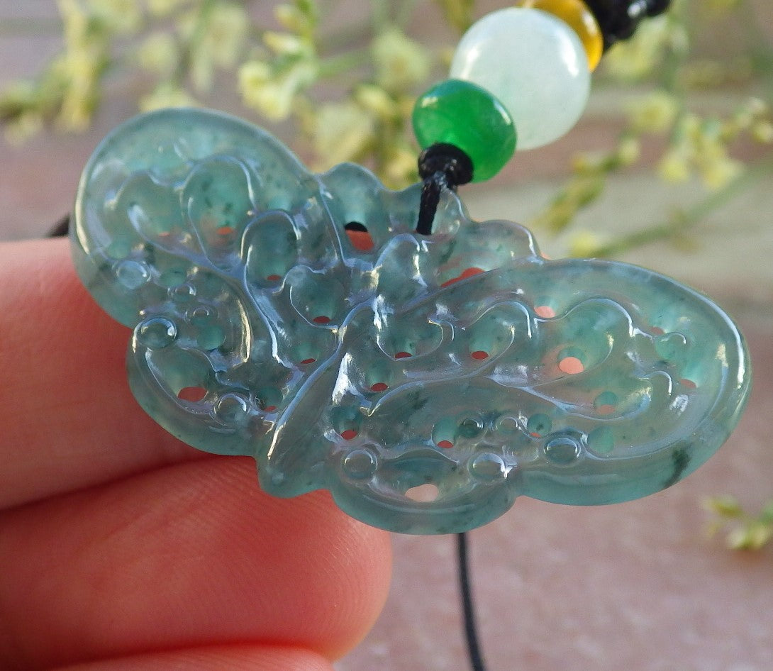 Certified Icy Green Burma 100% Natural A Jade jadeite Pendant Butterfly Neckace 蝴蝶 640284  TN