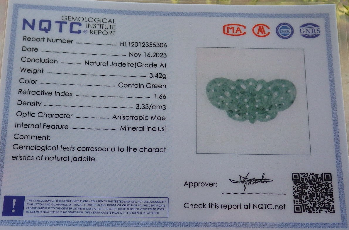 Certified Icy Green Burma 100% Natural A Jade jadeite Pendant Butterfly Neckace 蝴蝶 640284  TN
