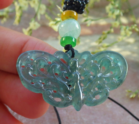 Certified Icy Green Burma 100% Natural A Jade jadeite Pendant Butterfly Neckace 蝴蝶 640291  TN