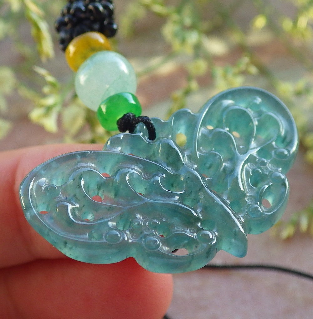 Certified Icy Green Burma 100% Natural A Jade jadeite Pendant Butterfly Neckace 蝴蝶 640291  TN