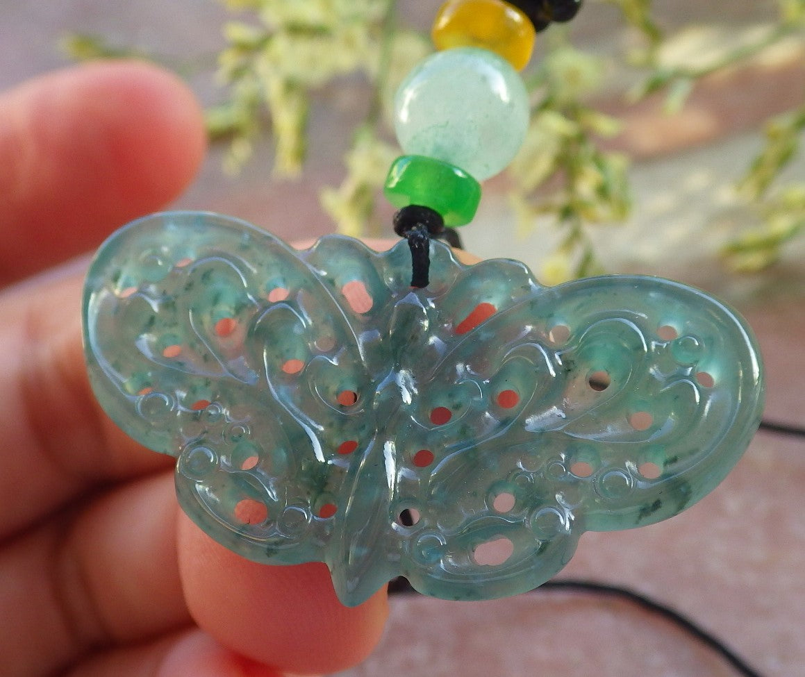Certified Icy Green Burma 100% Natural A Jade jadeite Pendant Butterfly Neckace 蝴蝶 640291  TN