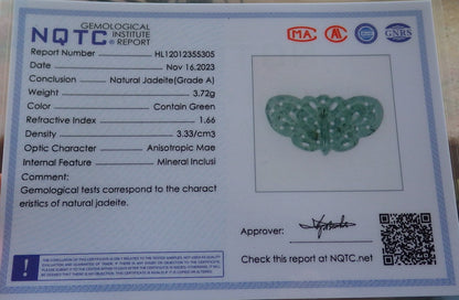 Certified Icy Green Burma 100% Natural A Jade jadeite Pendant Butterfly Neckace 蝴蝶 640291  TN