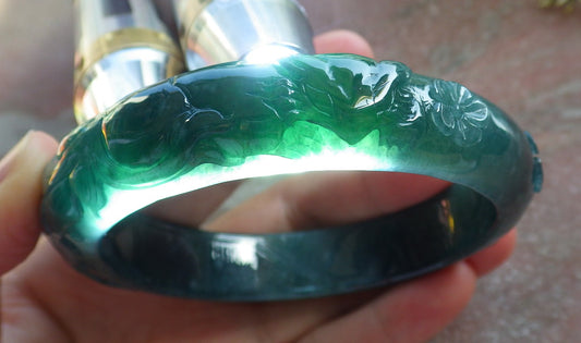 Certified Icy Green Burma 100% Natural A JADE Jadeite Fox Flower Bangle Bracelet 65 mm 640308  TN