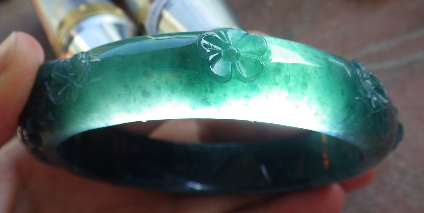 Certified Icy Green Burma 100% Natural A JADE Jadeite Fox Flower Bangle Bracelet 65 mm 640308  TN