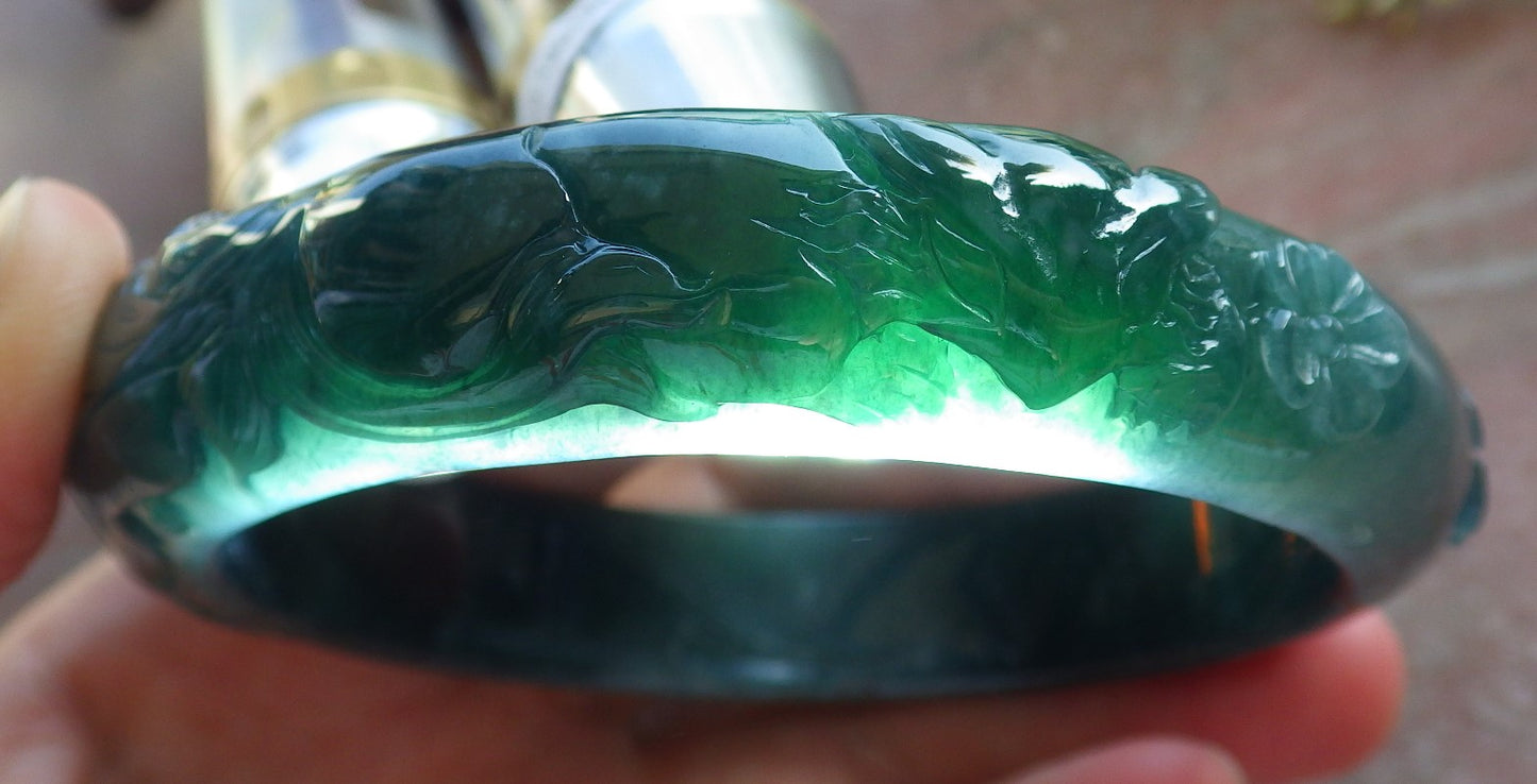 Certified Icy Green Burma 100% Natural A JADE Jadeite Fox Flower Bangle Bracelet 65 mm 640308  TN