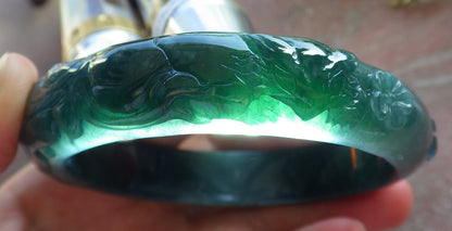 Certified Icy Green Burma 100% Natural A JADE Jadeite Fox Flower Bangle Bracelet 65 mm 640308  TN