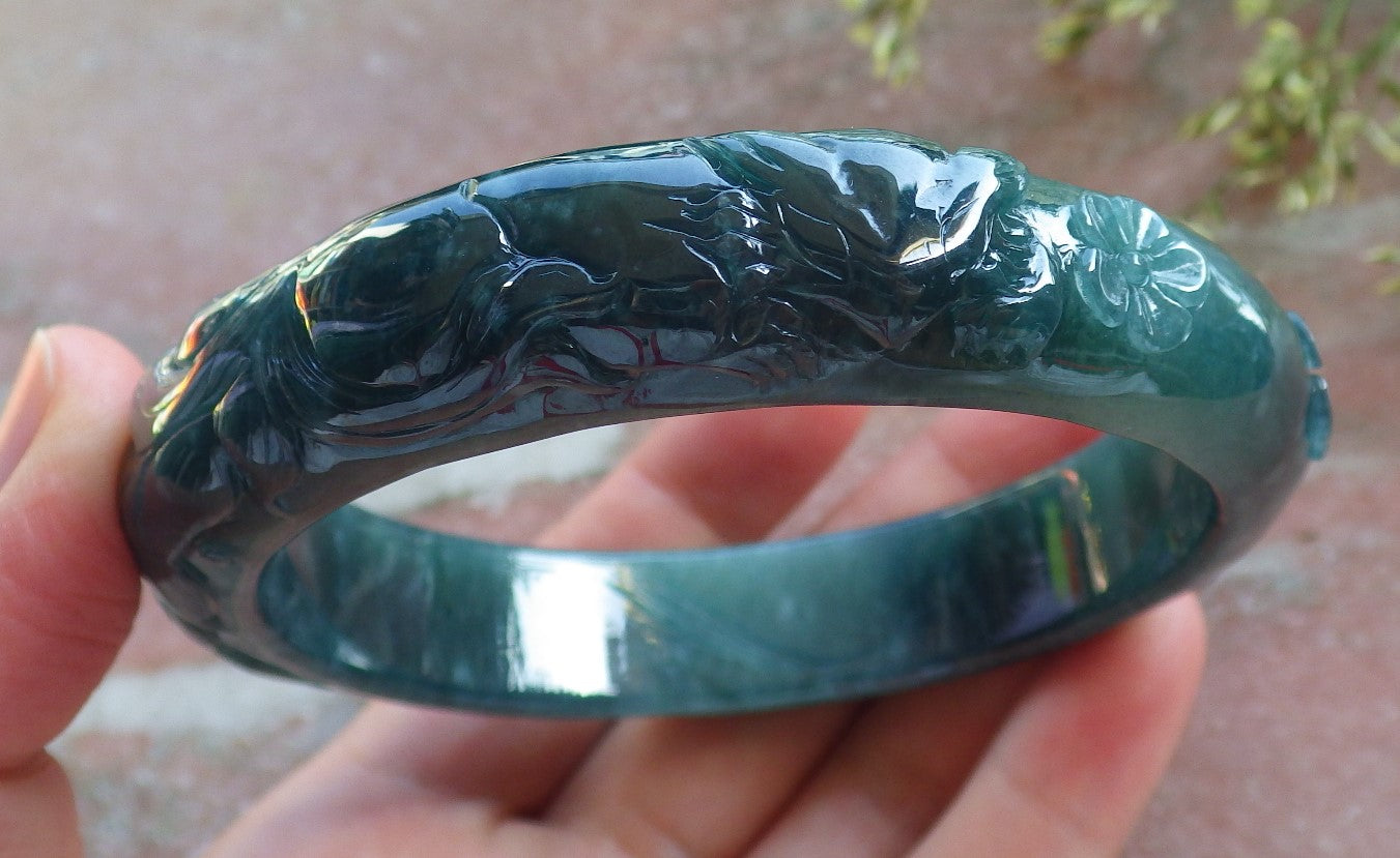 Certified Icy Green Burma 100% Natural A JADE Jadeite Fox Flower Bangle Bracelet 65 mm 640308  TN