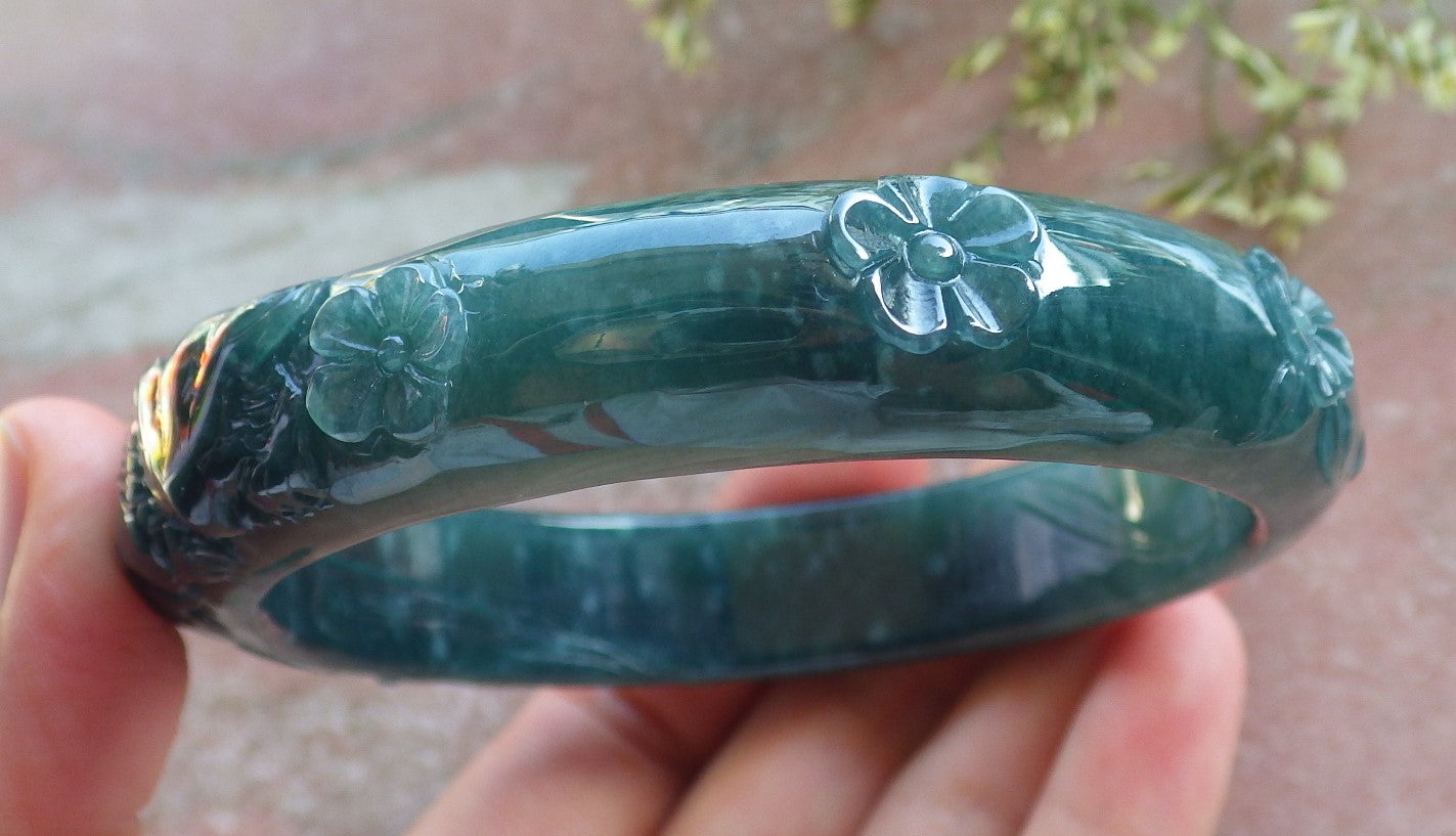 Certified Icy Green Burma 100% Natural A JADE Jadeite Fox Flower Bangle Bracelet 65 mm 640308  TN