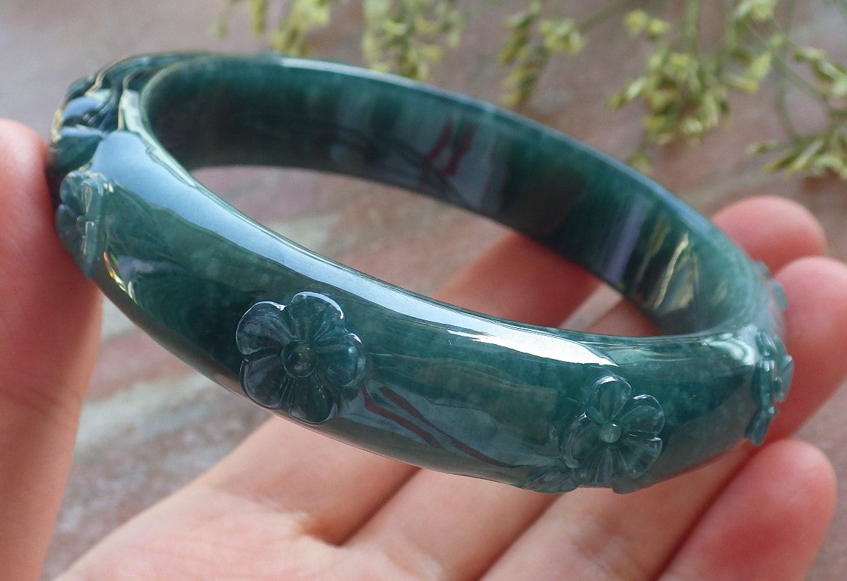Certified Icy Green Burma 100% Natural A JADE Jadeite Fox Flower Bangle Bracelet 65 mm 640308  TN