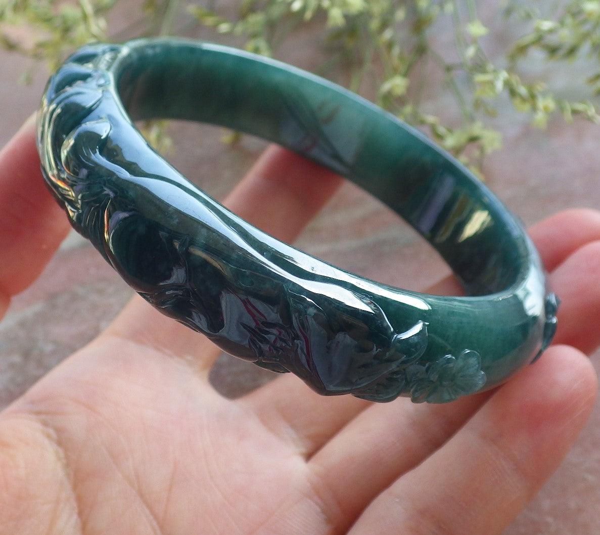 Certified Icy Green Burma 100% Natural A JADE Jadeite Fox Flower Bangle Bracelet 65 mm 640308  TN