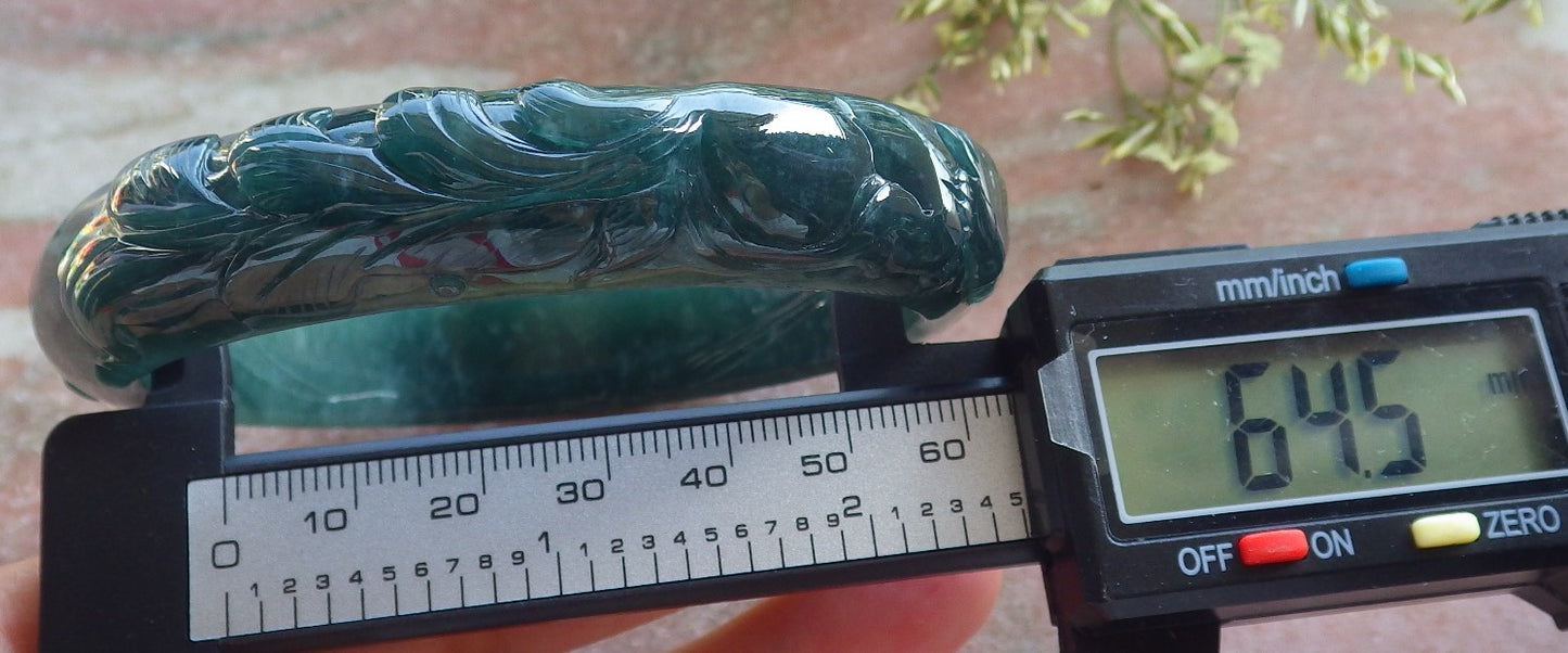 Certified Icy Green Burma 100% Natural A JADE Jadeite Fox Flower Bangle Bracelet 65 mm 640308  TN
