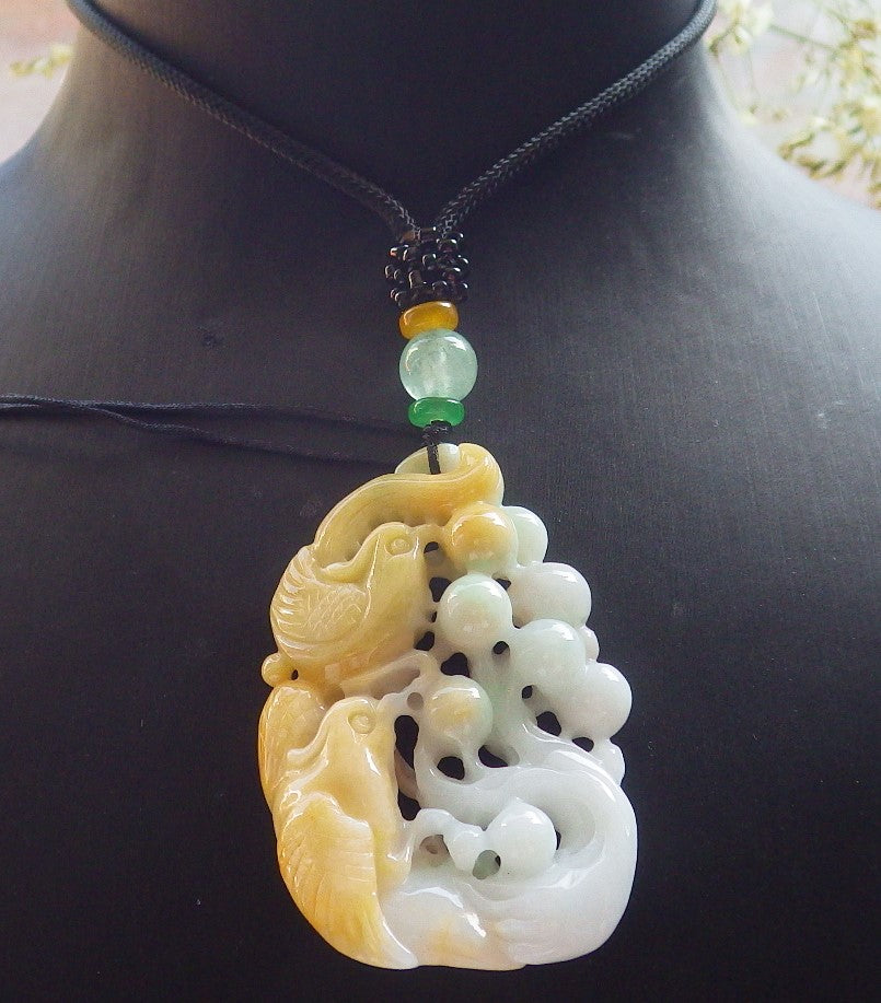 Certified Yellow Green Burma 100% Natural A Jade jadeite Pendant Phoenix Bird Tree Necklace 凤凰 640327  TN