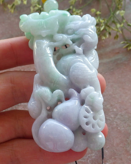 Certified Lavender Green Burma 100% Natural A Jade jadeite Pendant Dragon Gourd Coin Ruyi Necklace 生意兴隆 640336  TN
