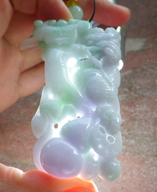 Certified Lavender Green Burma 100% Natural A Jade jadeite Pendant Dragon Gourd Coin Ruyi Necklace 生意兴隆 640336  TN