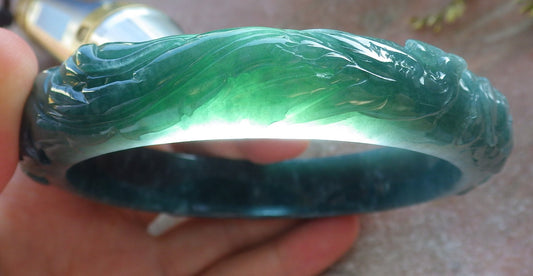 Certified Icy Green Burma 100% Natural A JADE Jadeite Phoenix Coin Flower Bangle Bracelet 73 mm 640383  TN