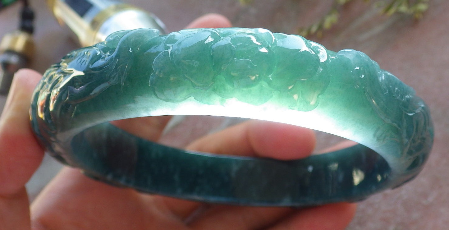 Certified Icy Green Burma 100% Natural A JADE Jadeite Phoenix Coin Flower Bangle Bracelet 73 mm 640383  TN