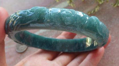 Certified Icy Green Burma 100% Natural A JADE Jadeite Phoenix Coin Flower Bangle Bracelet 73 mm 640383  TN