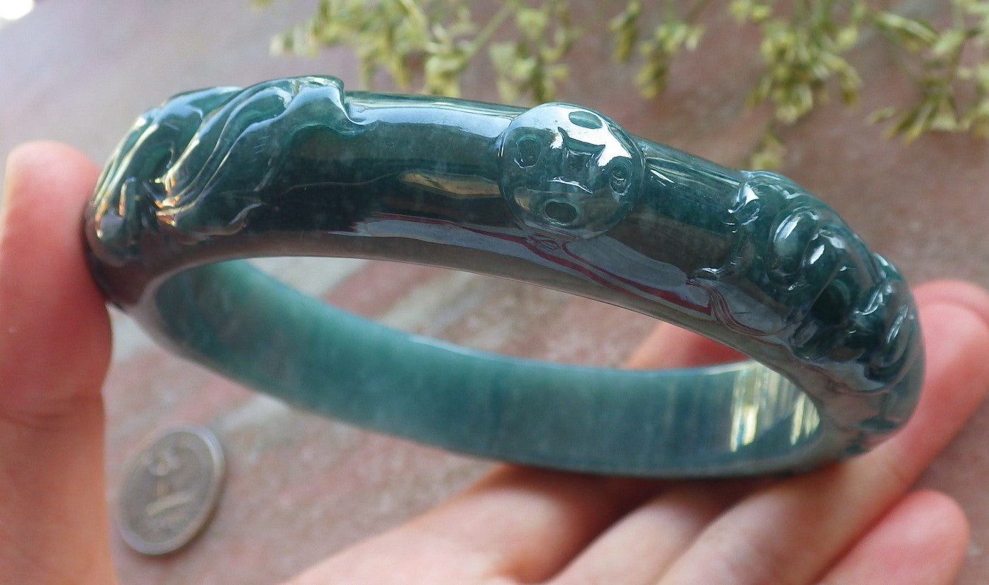 Certified Icy Green Burma 100% Natural A JADE Jadeite Phoenix Coin Flower Bangle Bracelet 73 mm 640383  TN