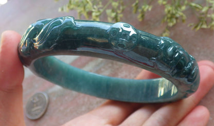 Certified Icy Green Burma 100% Natural A JADE Jadeite Phoenix Coin Flower Bangle Bracelet 73 mm 640383  TN