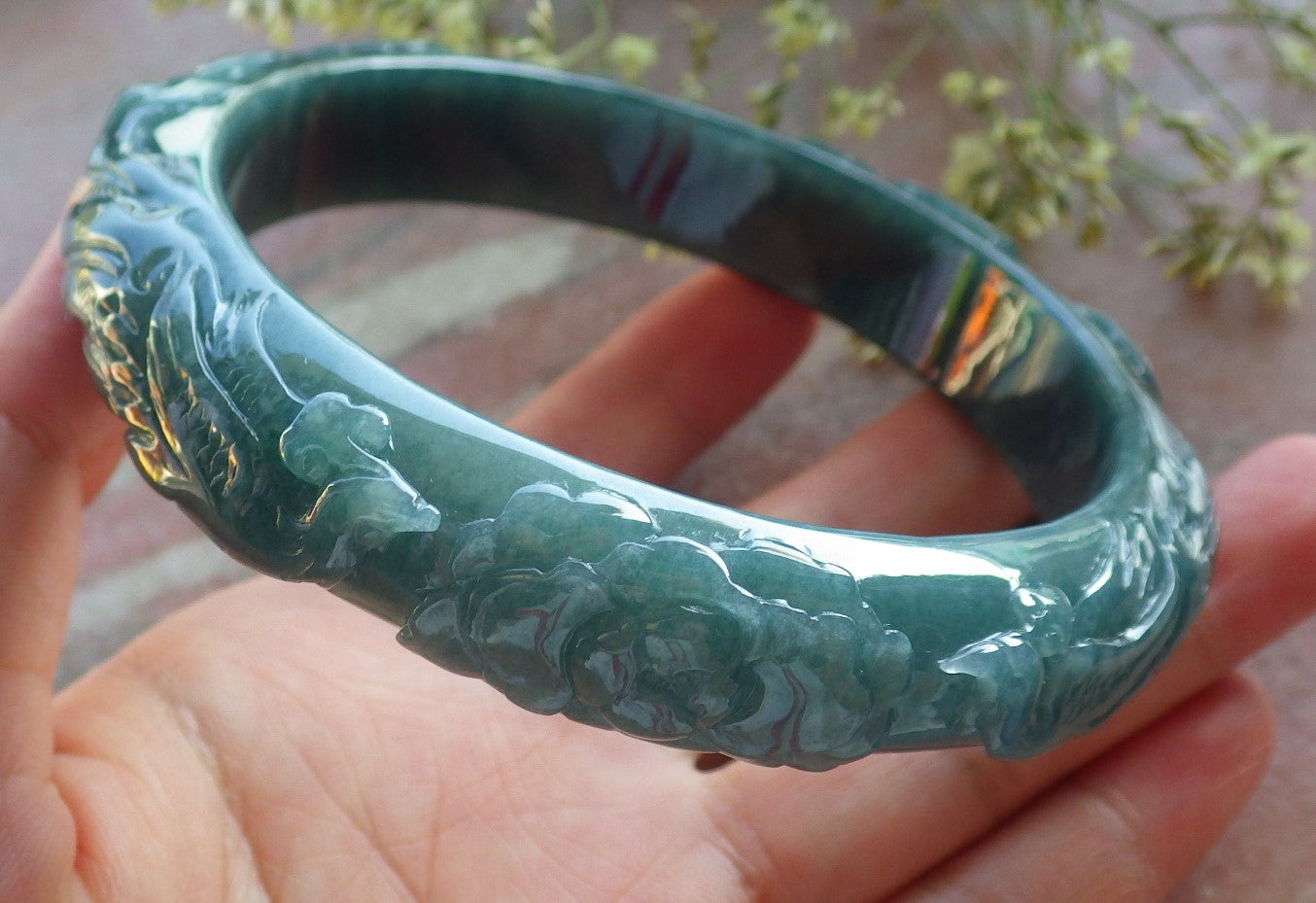 Certified Icy Green Burma 100% Natural A JADE Jadeite Phoenix Coin Flower Bangle Bracelet 73 mm 640383  TN