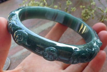 Certified Icy Green Burma 100% Natural A JADE Jadeite Phoenix Coin Flower Bangle Bracelet 73 mm 640383  TN